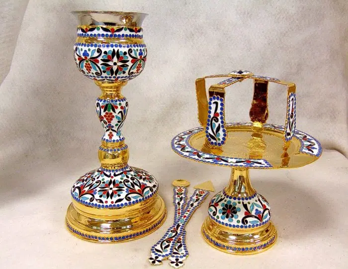 Greek Orthodox  ‘Ambelos’ Chalice with enamel motive & Holy Communion Set