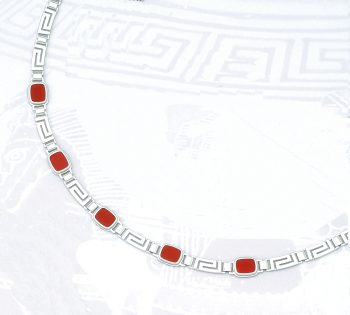 Greek Key Meander Necklace with Coral stones