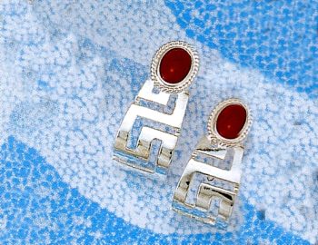 Greek Key Meander Earrings with Coral Stone