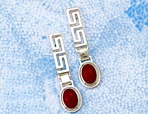 as173.jpg Greek Key Meander Earrings with Coral Stone