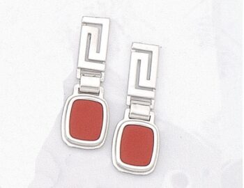 Greek Key Meander Earrings with Coral Stone