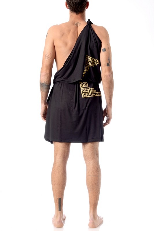 greek black pareo with gold pattern on man from behind