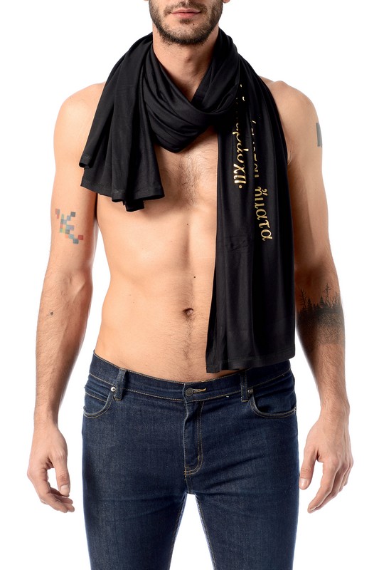 greek black pareo with gold letters on man as scarf