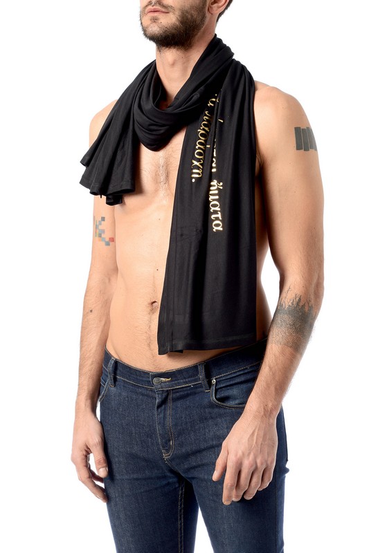 black pareo with gold letters on man as scarf