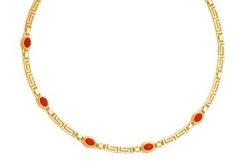 Gold Greek Key Meander Necklace with Coral stones