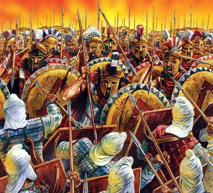 The Spartan phalanx fending
off the Persians at Thermopylae, 480 BC.