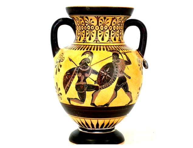 Two warriors fighting with swords and shields, 530 B.C. Boston Museum