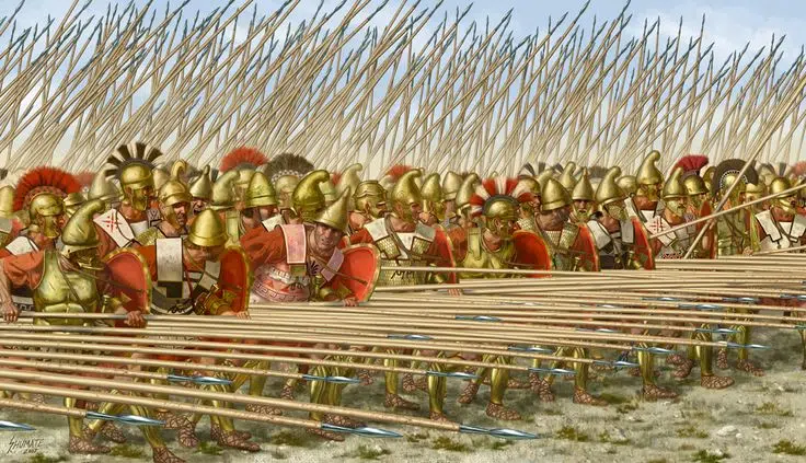 Macedonian phalanx wielding the sarissa,
a 6 meter (18 feet) long spear.