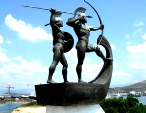 Modern day monument of the battle of Salamis on Salamis island, Greece.