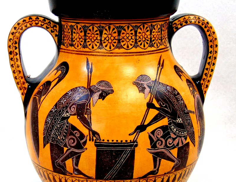 Black figured Attic amphora
Ajax and Achilles play some kind of board game during a break of the Trojan war.About 520 BC. Boston Museum, USA.